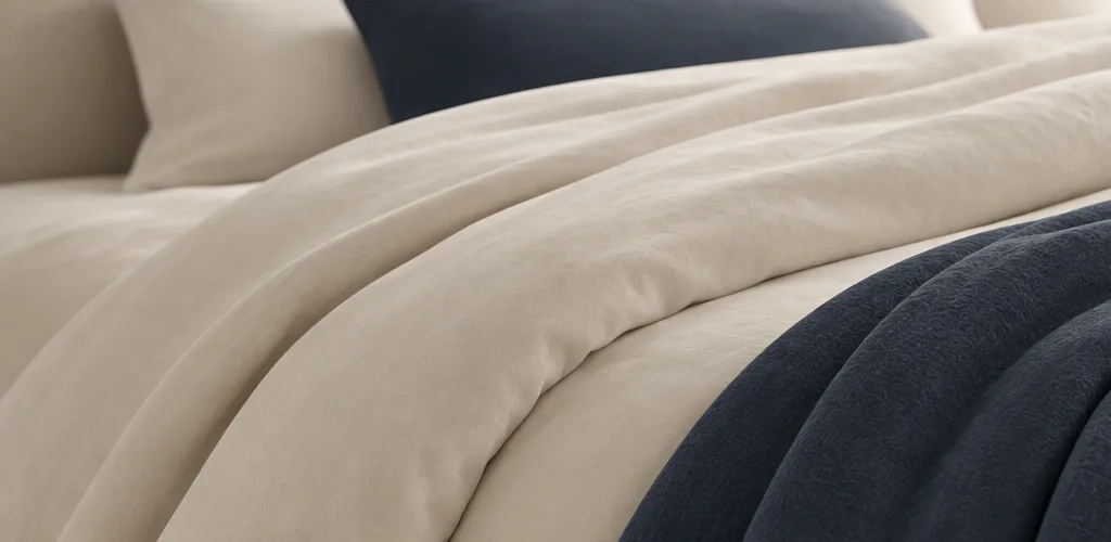 Duvet y cobija en tonos marfil y azul noche
